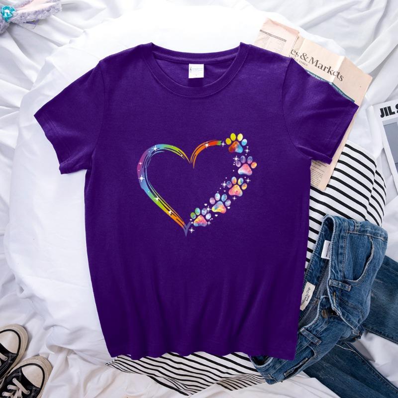 Ladies' Casual Love Footprint Print Loose Casual Round Neck Pure Cotton Short Sleeved T-Shirts Women’s