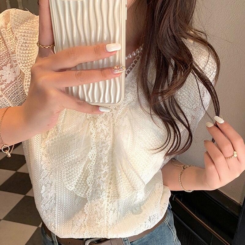 Летние женские рубашки с рюшами и v-образным вырезом, пышные кружевные блузки с короткими рукавами и цветочным принтом, женские корейские элегантные модные топы Mujer 25356