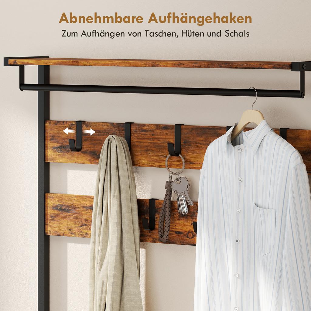 Industrial Coat Rack with Hooks and Shoe Bench, Steel Frame, Rustic Brown