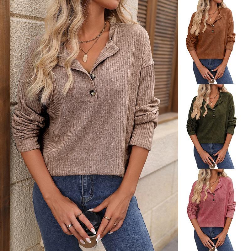Women's Autumn and Winter Loose Casual Pit Strip Long Sleeve Button T-shirt Top