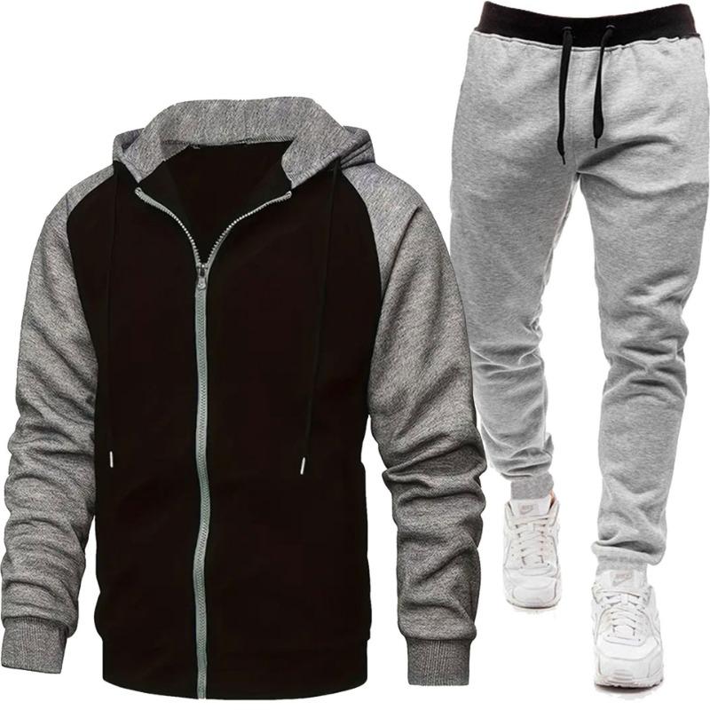 Men's Fashion Color Blocked Coat Long Sleeve Casual Sports Set Men's Top Pants