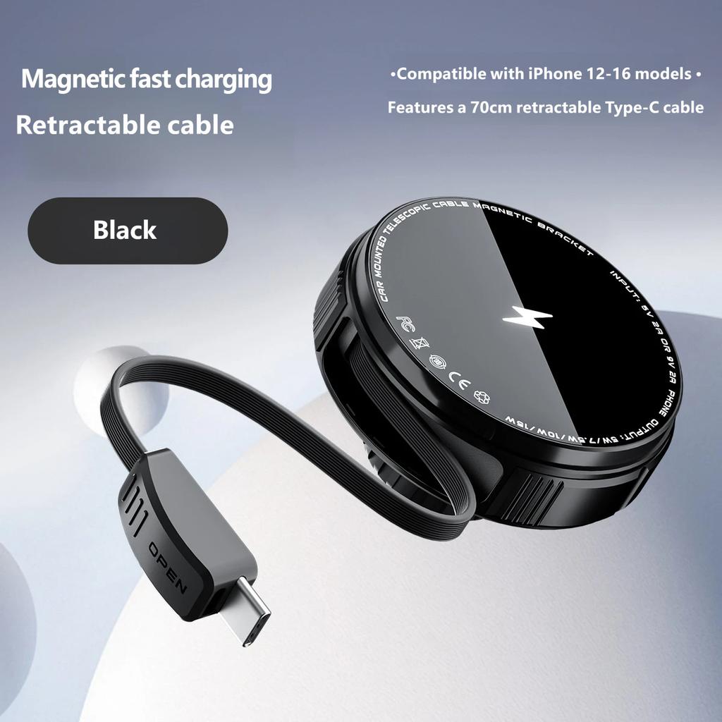 Magnetic Car Wireless Charger Vent Mount for iPhone, Retractable Cable Fast Charging 15W MagSafe Compatible Phone Holder with Strong Magnet