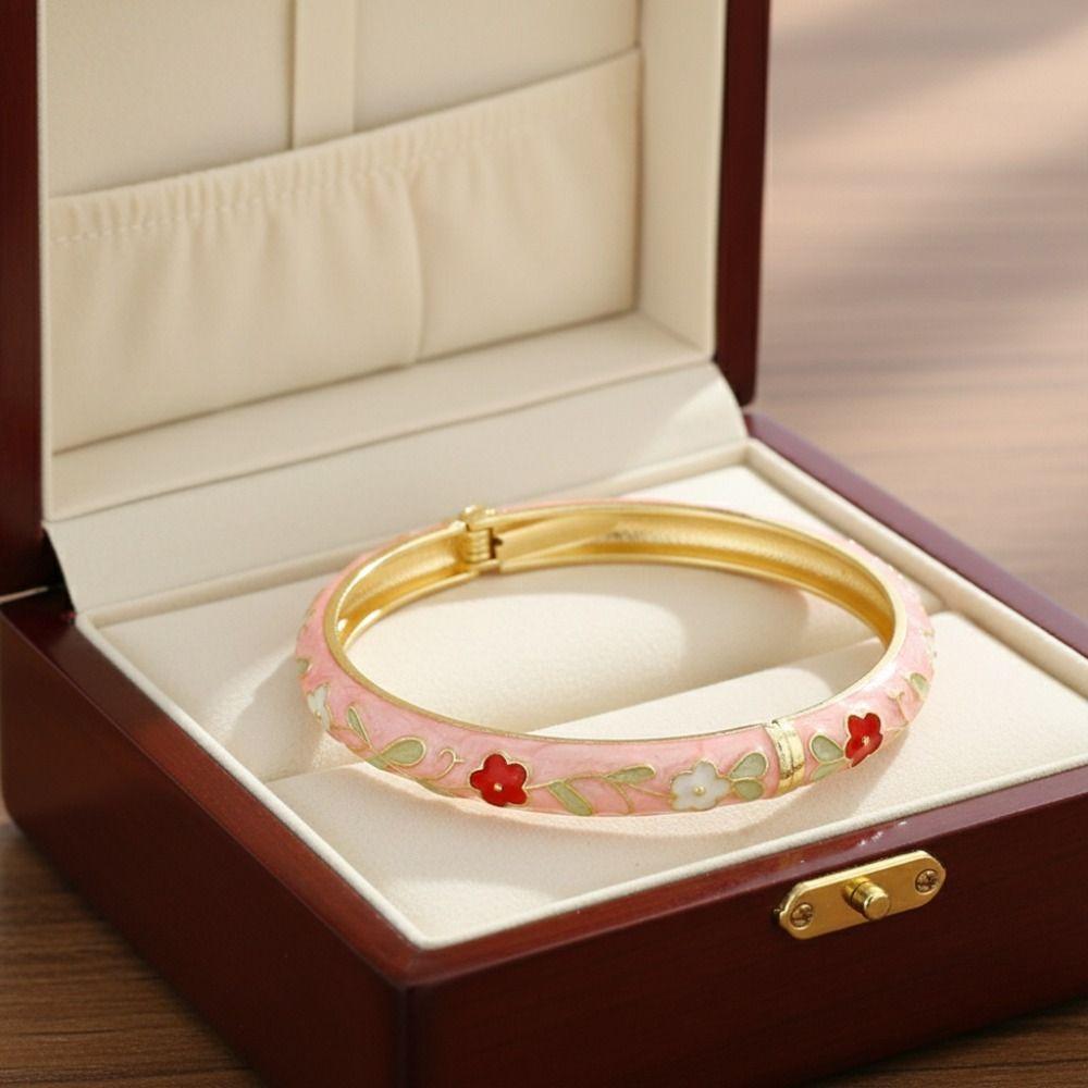 Flower Pattern Cloisonne Bracelet Rustic Style Women Bangle Blossom Enamel Bracelet Gift