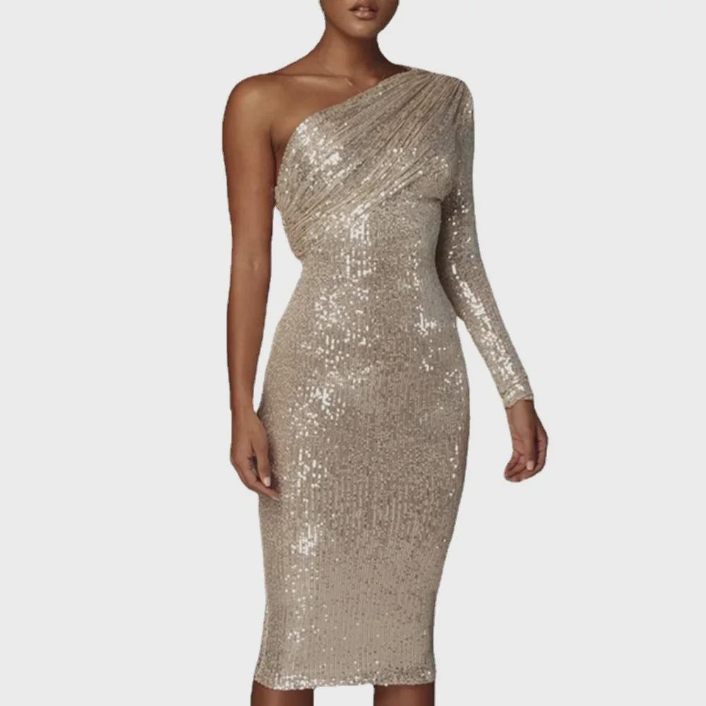 2025 European/American One-Shoulder Sequin Evening Dress with Oblique Collar