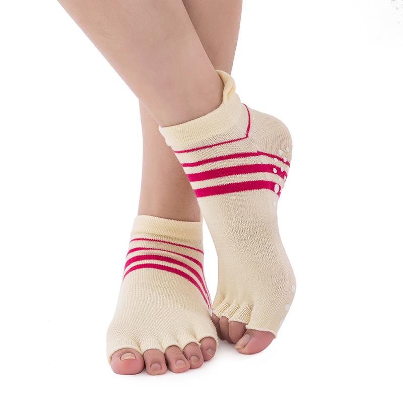 Double Heel Striped Five-Finger Socks Yoga Socks Women'S Cotton Professional Non-Slip Pilates Dance Open-Toe Socks