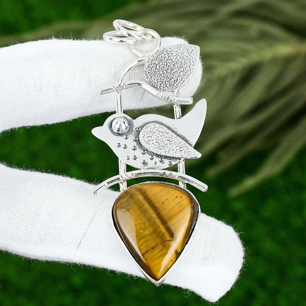 925 Silver Pear Natural Tiger Eye Bezel Boho Daughter Birthday Pendant Jewelry