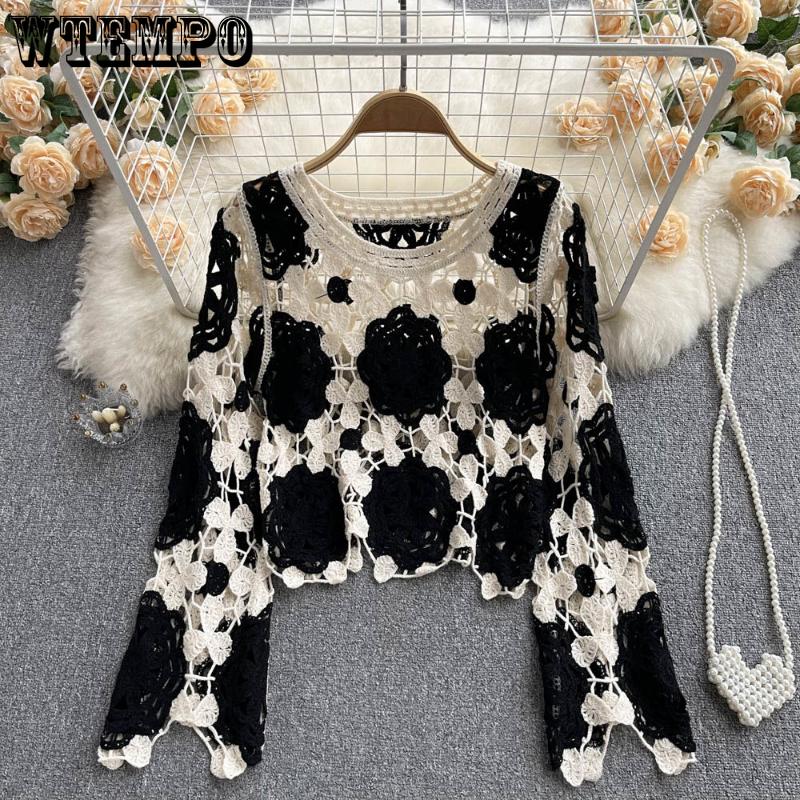 WTEMPO Осенние женские вязаные крючком кардиганы разноцветные винтажные вязаные свитера Y2k с длинным рукавом свободные пальто ажурные свитера