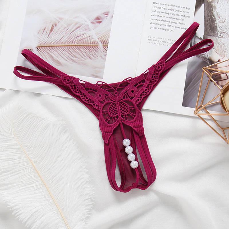 Butterfly Panties Sexy Beading Thong G String With Pearls Lace Underwear Women Open Crotch Lingerie