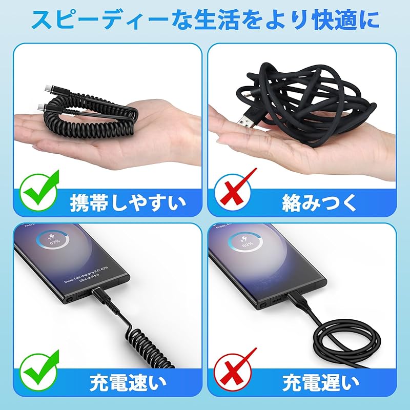 Anniber Usb C Cable Coil Type C Cable Telescopic (from 0.3M To 1.2M) USB-C/Type-C To USB-C Cable Coil Type PD60W Rapid for Car Iphone15 Charging Cable