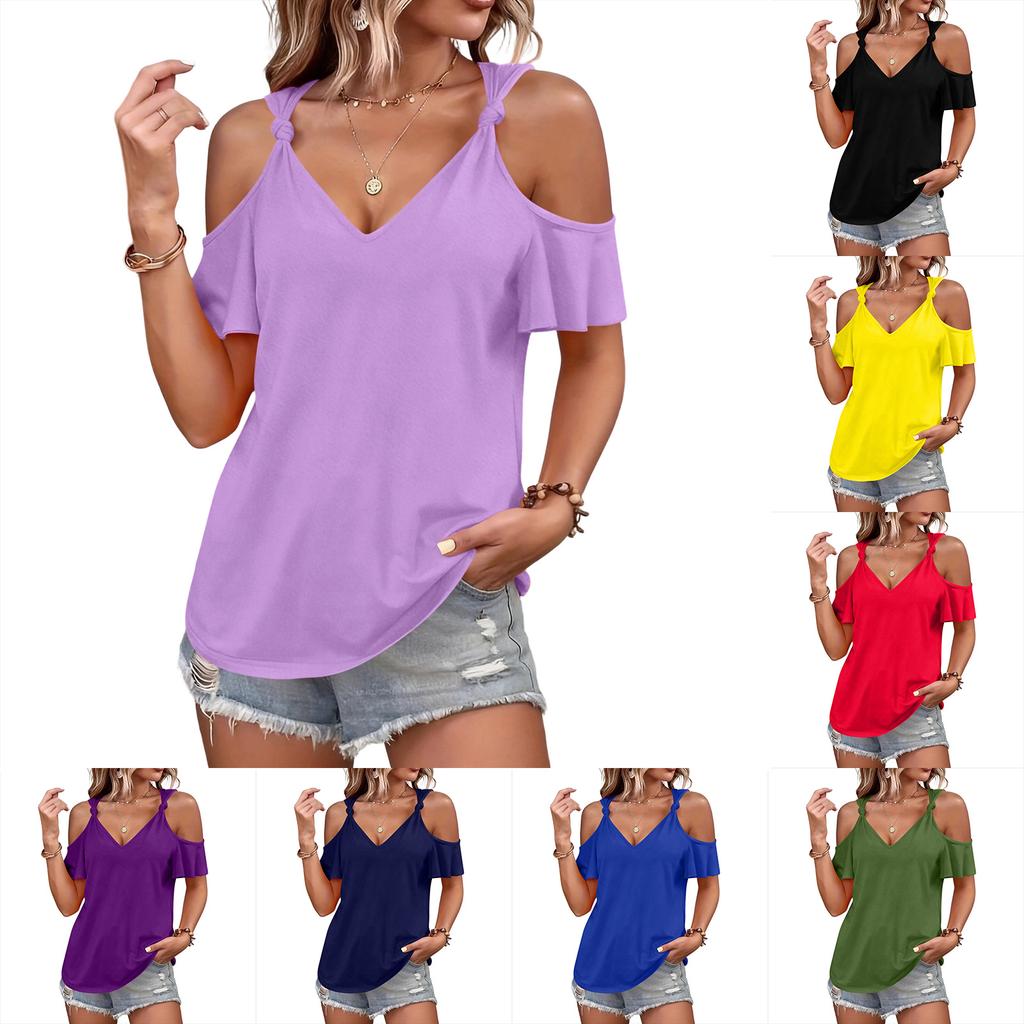 Women's Casual Fashion Round Neck Off-Shoulder Short Sleeve T-Shirt