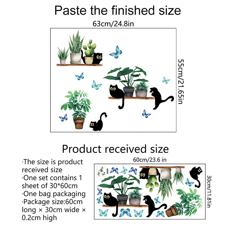 Зеленое растение в горшке Наклейка на стену с черным котом Декор фона для гостиной Кухня Украшение для дома Самоклеящиеся наклейки