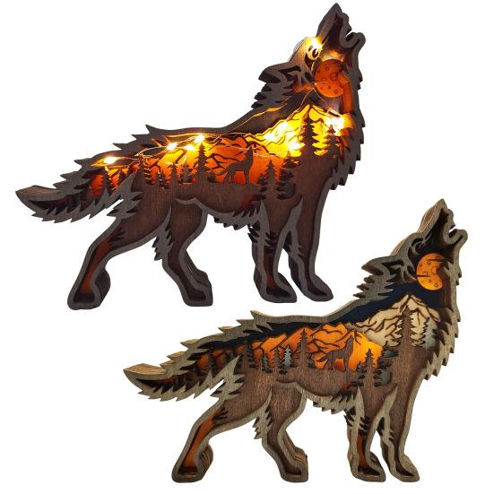 Деревянное украшение в виде волка, 3D-многослойная резьба, скульптура волка, домашний офис, настольный декор, деревенская статуя лесного животного для любителей животных