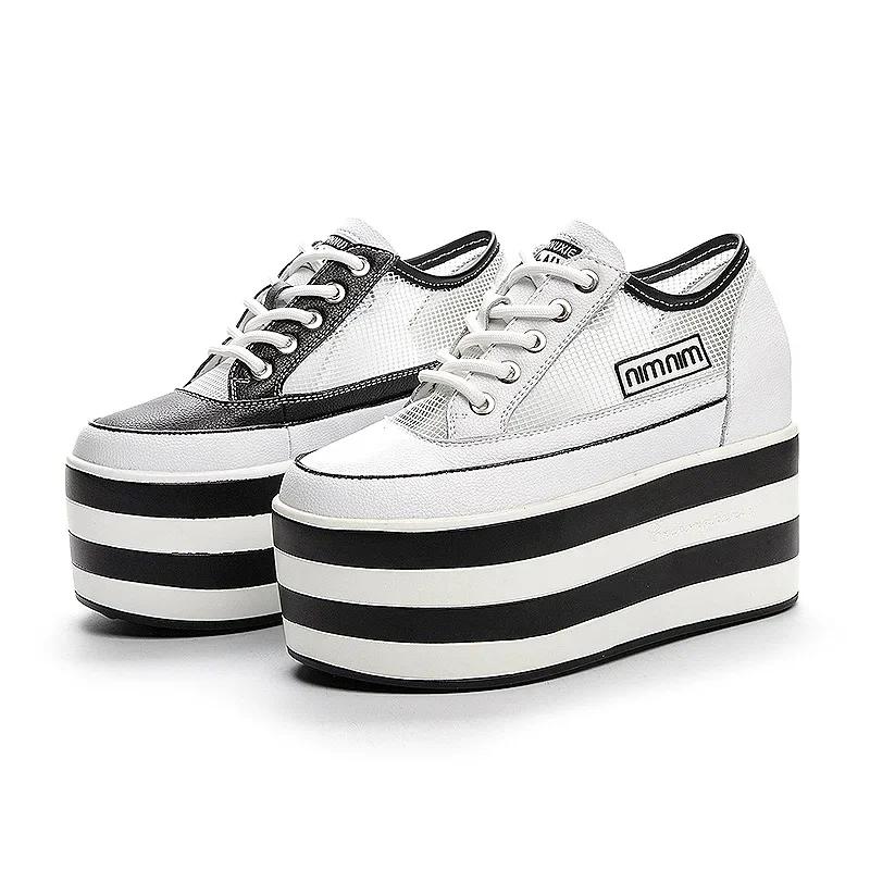 Мода 12 см Воздушная сетка Полые Повседневные туфли Вулканизированные Летние Дышащие Натуральная кожа Массивные кроссовки Клиновидный каблук Платформа Кроссовки