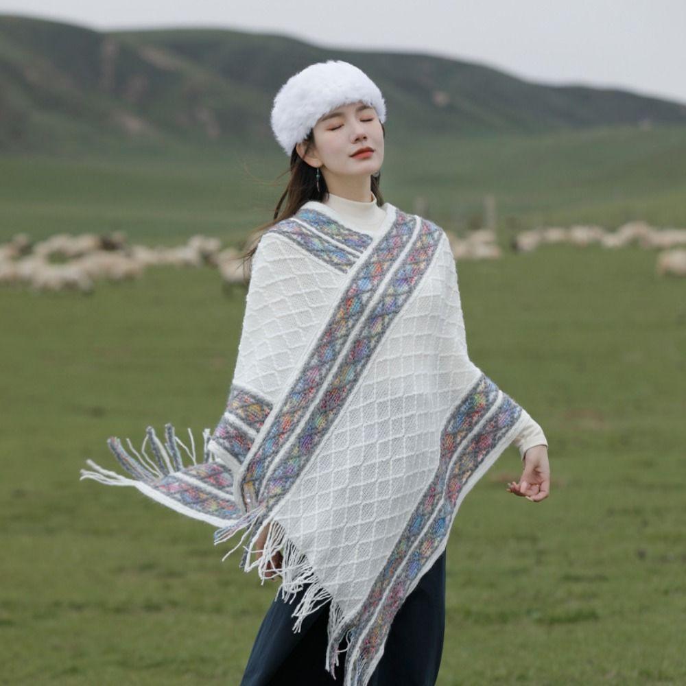Printing Knitted Cape Stripe Tassel Scarves Retro Imitation Cashmere Shawl Travel Vacation