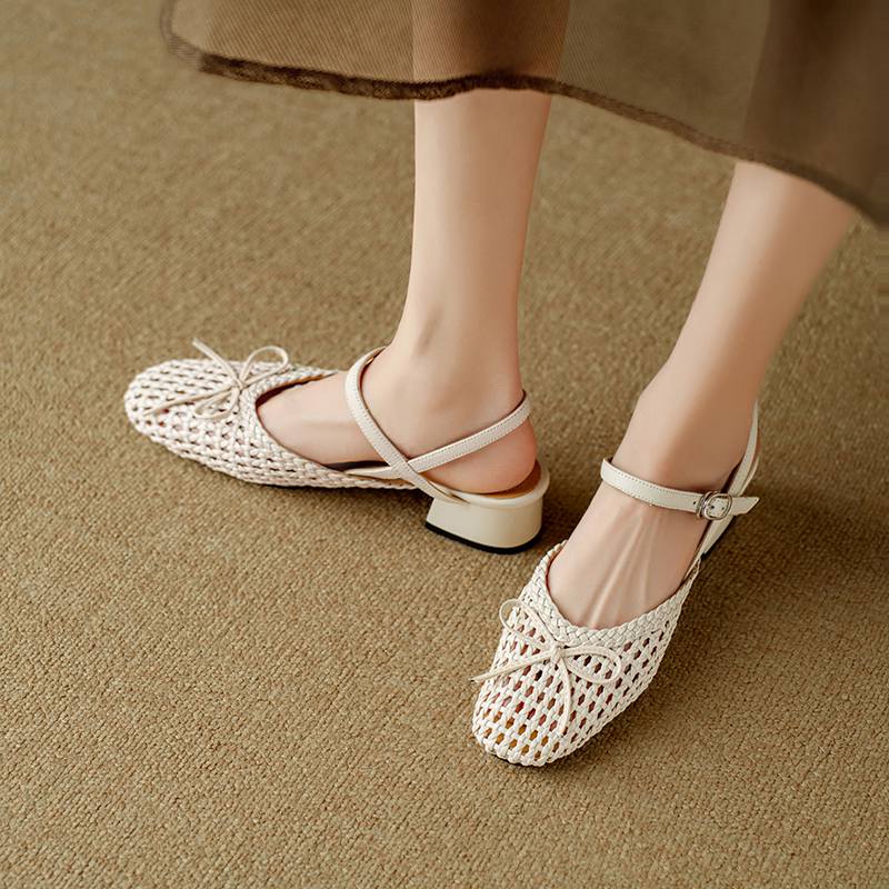 Krazing Pot Микрофибра Плетение Летний Размер 41 Средний Каблук Слингбэк Вечерние Туфли Женские Квадратный Носок Бант Гладиаторские С Вырезами Лодочки
