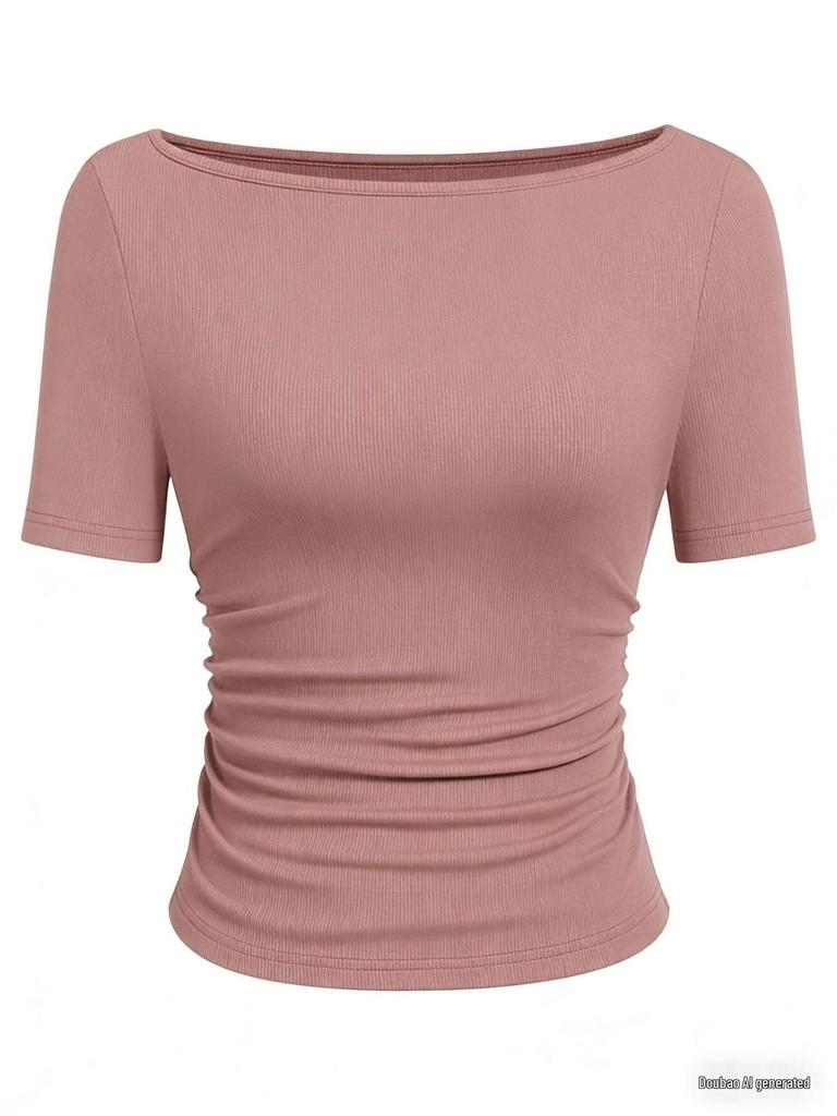 2025 Осень Приталенный женский топ с вырезом лодочкой, рукавами-колокольчиками и сборками - Однотонный, с длинным рукавом