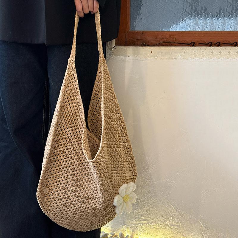 Women's Casual Hollow Out Wicker Woven Ladies Handmade Totes Bag Large Capacity Summer Beach Floral Decor Female's Shoulder Bag