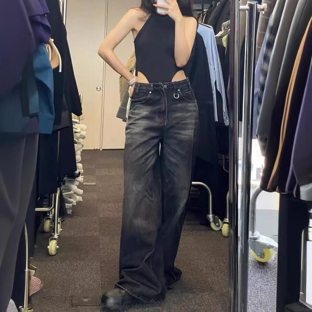 Винтажные черные широкие джинсы женские большие уличные корейские модные мешковатые джинсовые брюки гранж Y2k женский хип-хоп