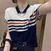 Женская одежда Летняя трендовая полосатая футболка с трикотажным верхом из ледяного шелка с воротником поло Элегантная простая повседневная с коротким рукавом Свободные пуловеры