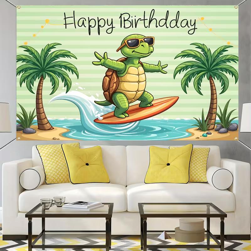 2D Tropical Beach Turtle Birthday Backdrop, Surf Themed Party Decor Banner