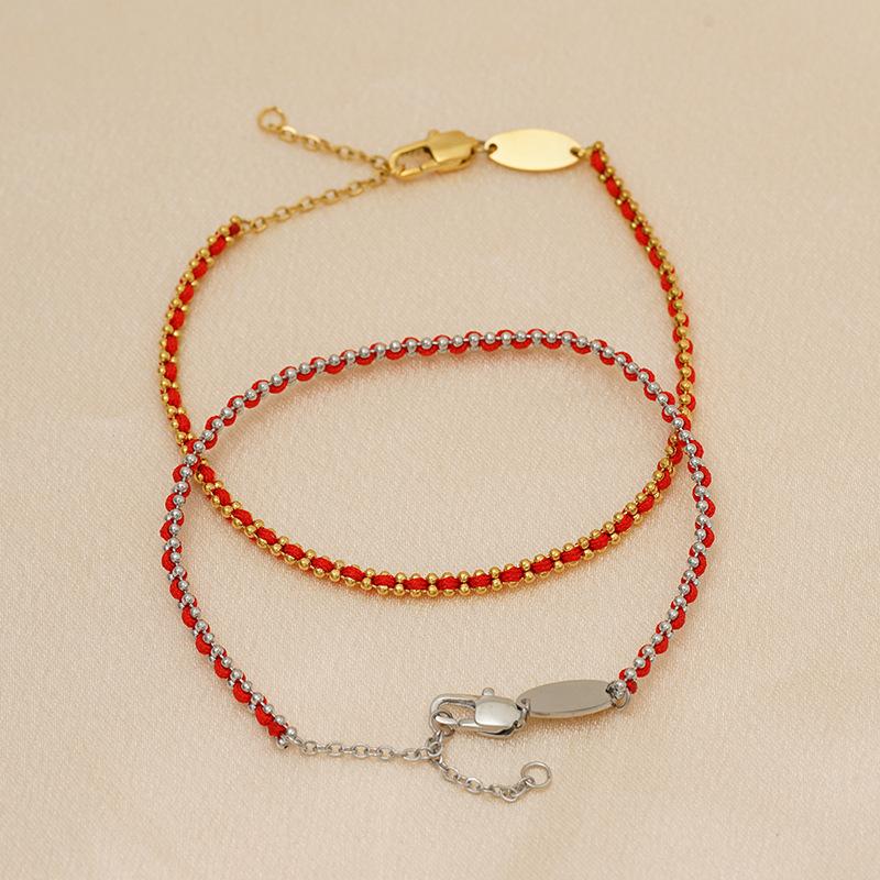 Trendy 18K Gold Plated Stainless Steel Friendship Red Rope Charm Rhinestone Bracelet Classic Style String Bangles Women's Gifts
