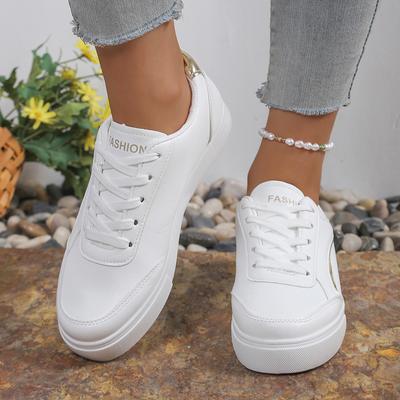 Модный светлый - Модный золотой - Белые кроссовки с отделкой | Минималистичная повседневная уличная обувь на шнуровке