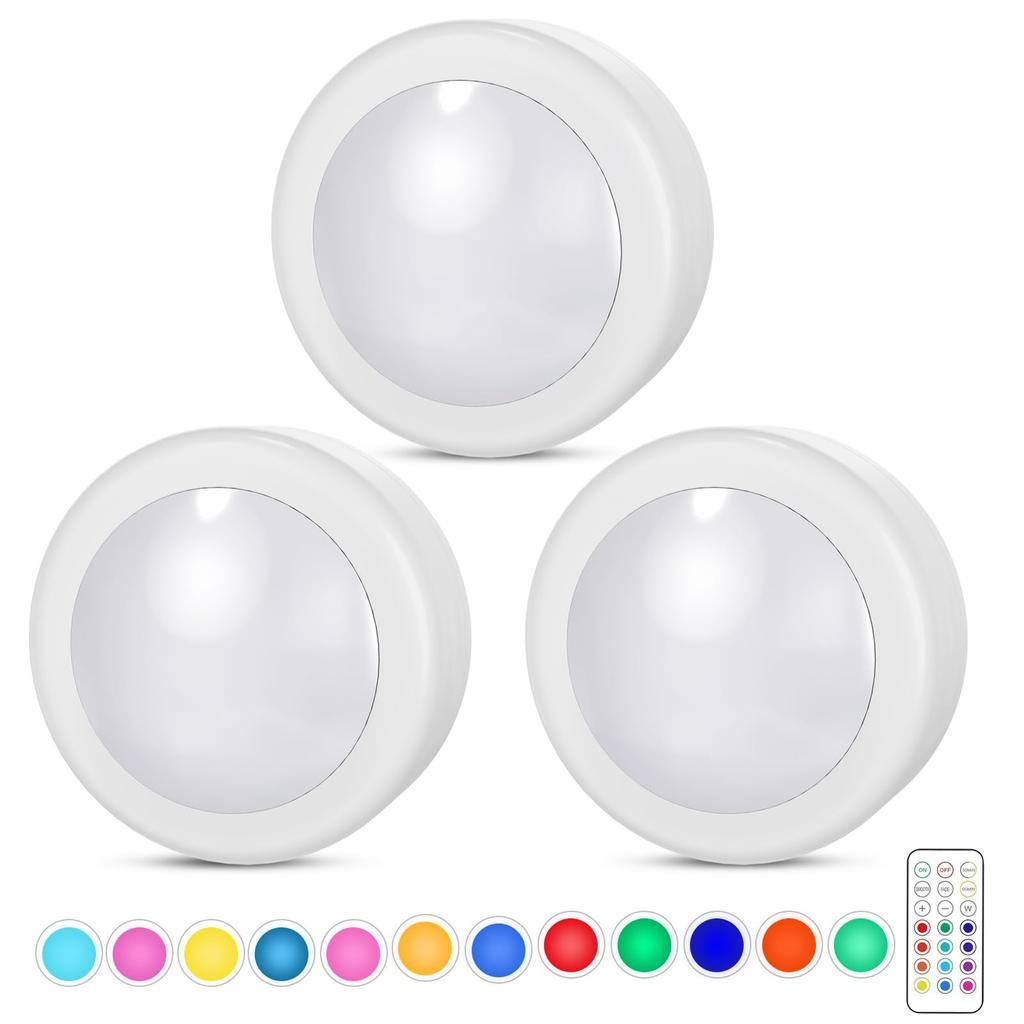 LED RGB Puck Lights with Remote Battery Powered Interior Closet Under Cabinet Light Lamp for Kitchen Bedroom Wardrobe Decoration