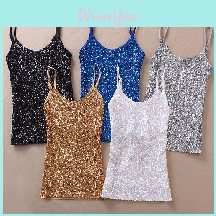 Polyester Sequin Tank Top For Women Spring Slim Fit Casual Blouse