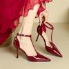 Red High Heels Women Shoes Hollow Pointed Toe Pumps Fashion T-type Ankle Buckle Strap Ladies New Sexy Party Dress Shoes