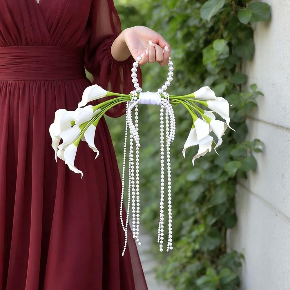 Satin Ribbon Bridal Bouquet Pearl Handle Top Handle Bouquet Wedding Flowers Photoshoot