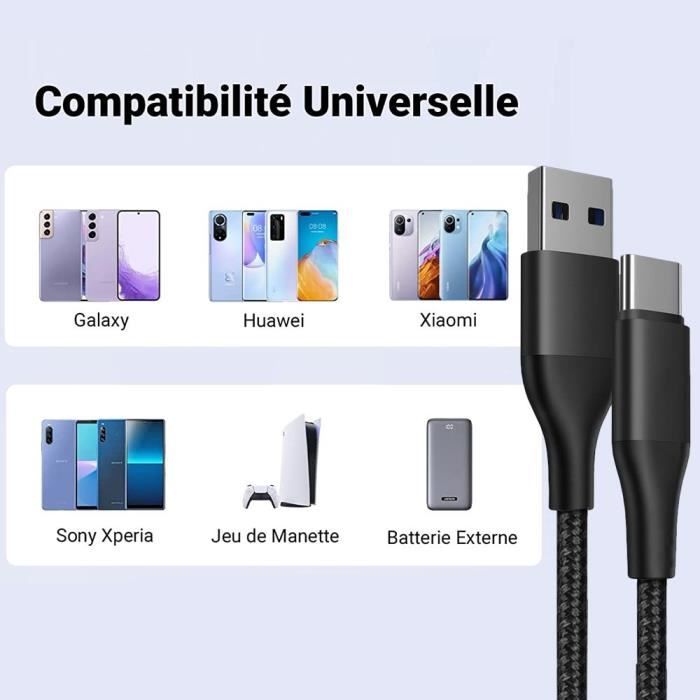 Câble USB-C - E.F.CONNECTION - Lot de 3 - Charge Rapide 3A - Nylon Tressé - 1M - Noir