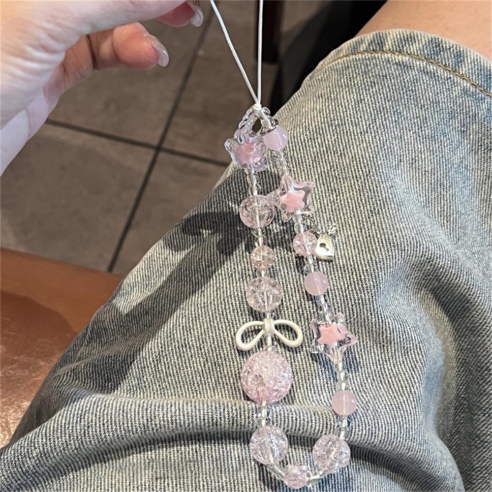 Sweet Pink Bowknot Star Heart Pendant Beaded Phone Charm Strap For iPhone Strap Lanyard Girl Woman Keychain Hanging Cord Rope