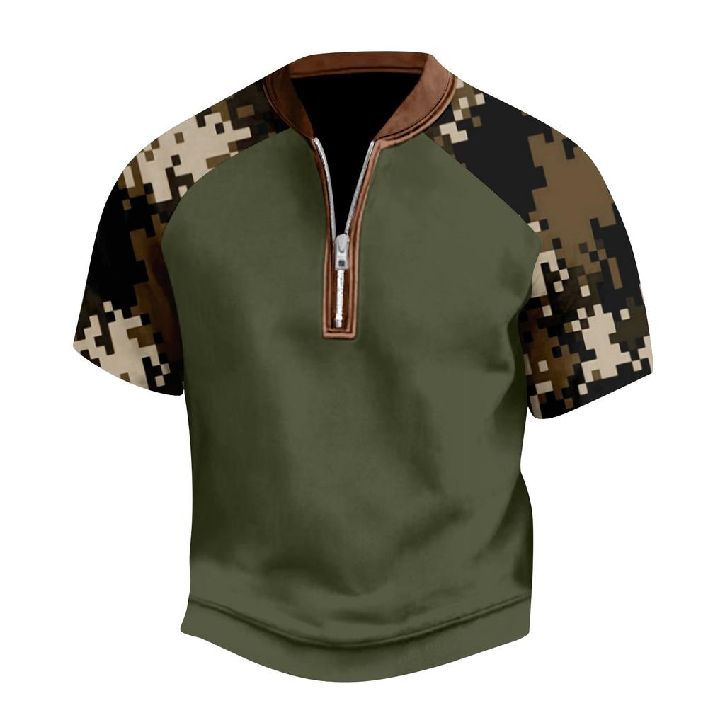 Мужская летняя футболка камуфляжной расцветки в стиле кэжуал, спортивный дышащий топ с воротником на молнии