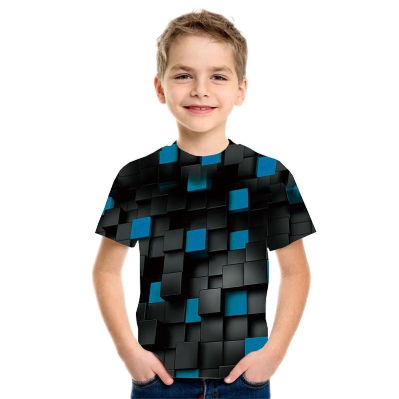 Summer Round Neck 3D Geometric Pattern Printed Top Fashionable Casual Short Sleeved Children's Boy T-shirts