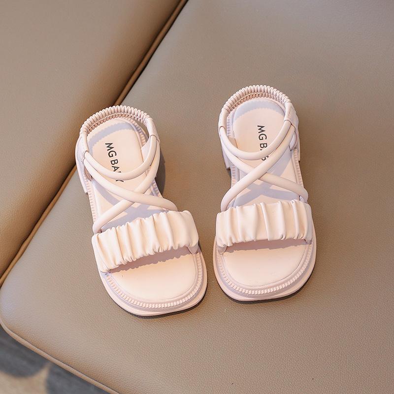 Сандалии для девочек, детская мода, универсальные, плиссированные, с открытым носком, нескользящие, детские, повседневные, пляжные туфли, новинка 2024 года, мягкие, простые, летние, принцесса