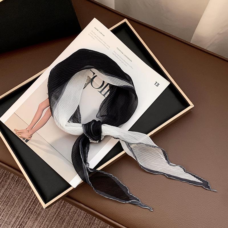 Folded Silk Scarf Women's Spring and Summer New Thin Scarf Small Scarf Versatile Fashion Commuter Color Matching Small Shawl Tied Bag Streamer