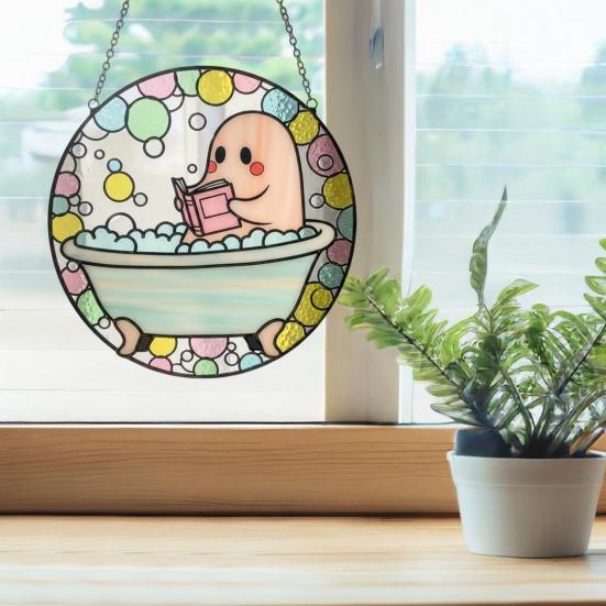 Bath-Time Ghost Reader Ornaments Cute Ghost In Bathtub Reading Book Acrylic Suncatcher Halloween Bathroom Window Hanging Decoration