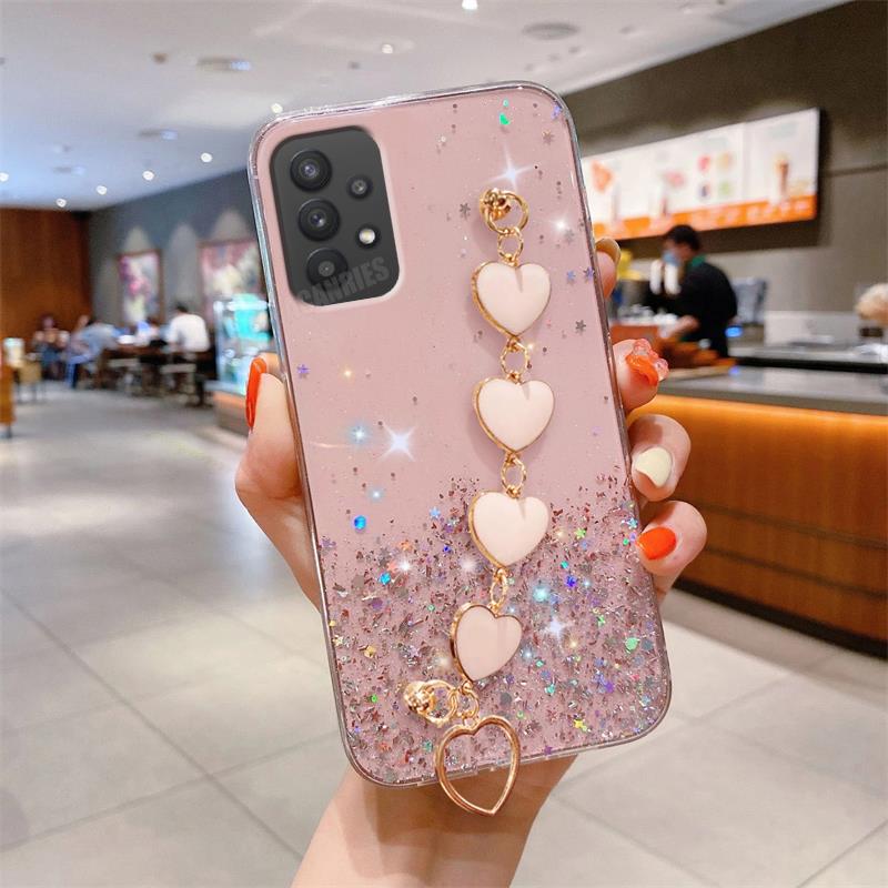 A 52 53 23 Блестящий чехол с цепочкой на запястье Love Heart для Samsung Galaxy A52 A53 A23 A13 A32 A72 A73 A33 4g 5g силиконовый чехол для браслета