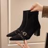 Fashion Studded Metal Buckle Booties Fall New Pointed Toe Suede Rear Zipper Block Heel Skinny Boots