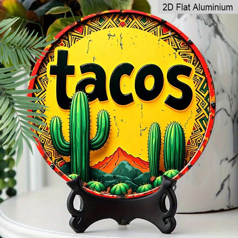 2D Flat, 1pc Round Tacos Cactus Aluminum Hanging Sign, Vintage Mexican Fiesta Desert Mountain Design, Retro Colorful Metal Wall Decor, Perfect for