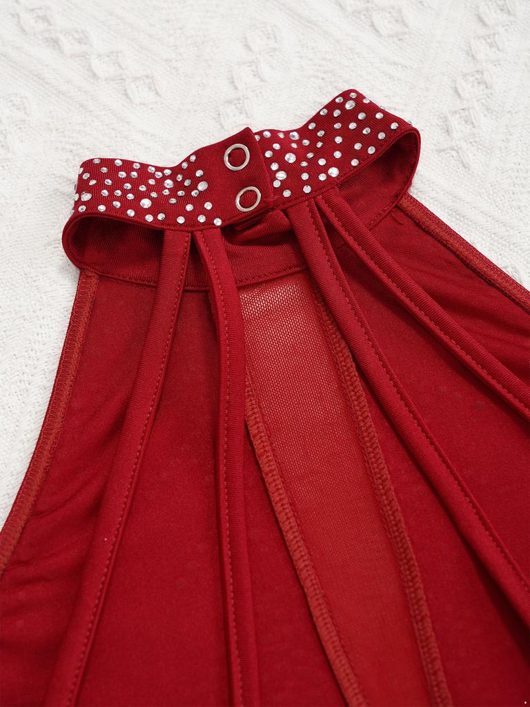 Платье для фигурного катания для девочек с блестящими стразами, с открытой спиной, асимметричной юбкой из сетки, леотард