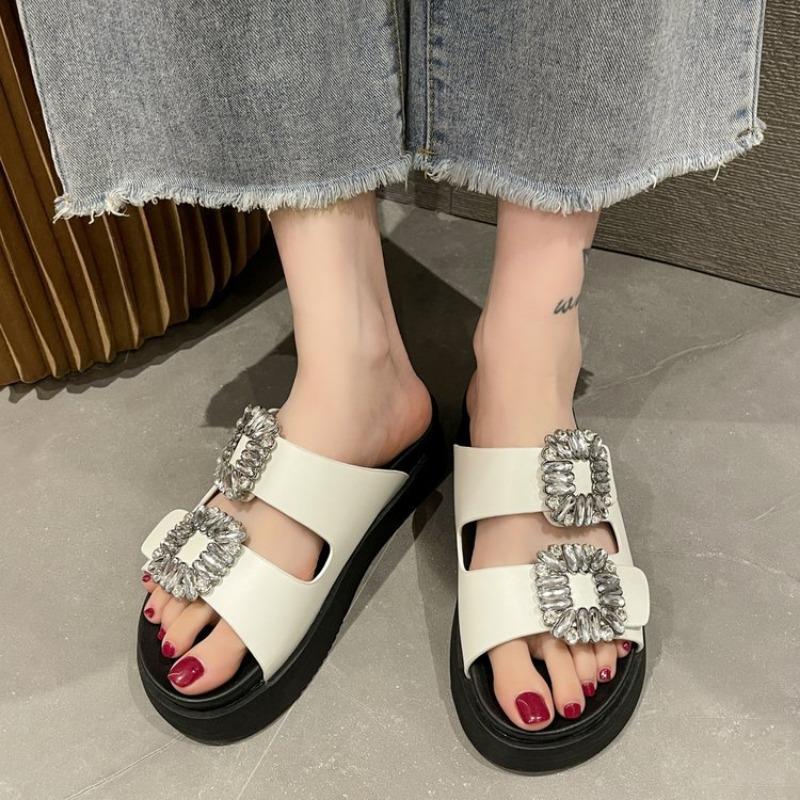 2024 Rhinestone Shoes Womens High Heel Platform Sandals Double Buckle Strap Slippers Womens Leather Beach Fashion Black Slippers