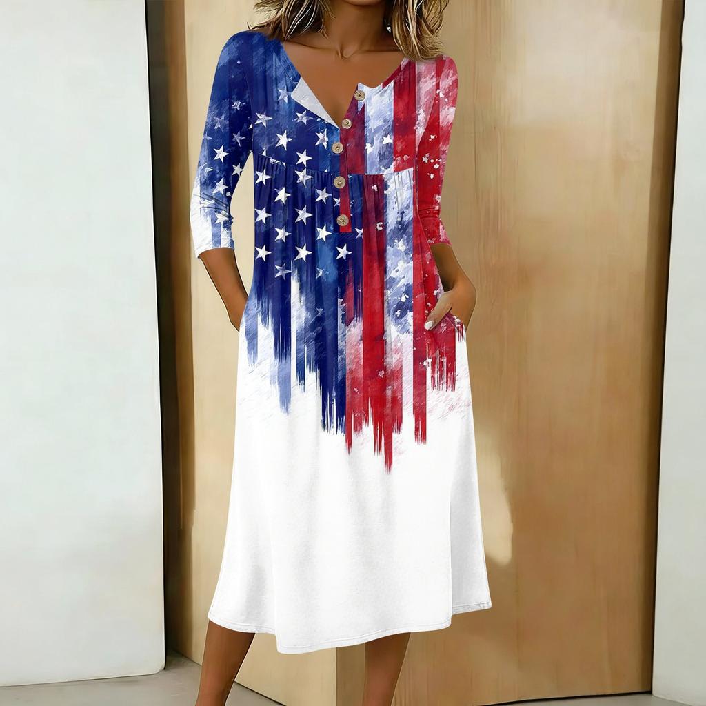 Women’s Casual 34 Sleeve Button Neck Printed Midi Dress with Pocket Loose Fit Soft Fabric Flag Pattern Design