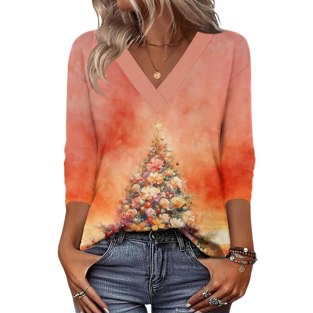 Women's Loose Comfortable Casual Fashion V-Neck Christmas Print 3/4 Sleeve Top