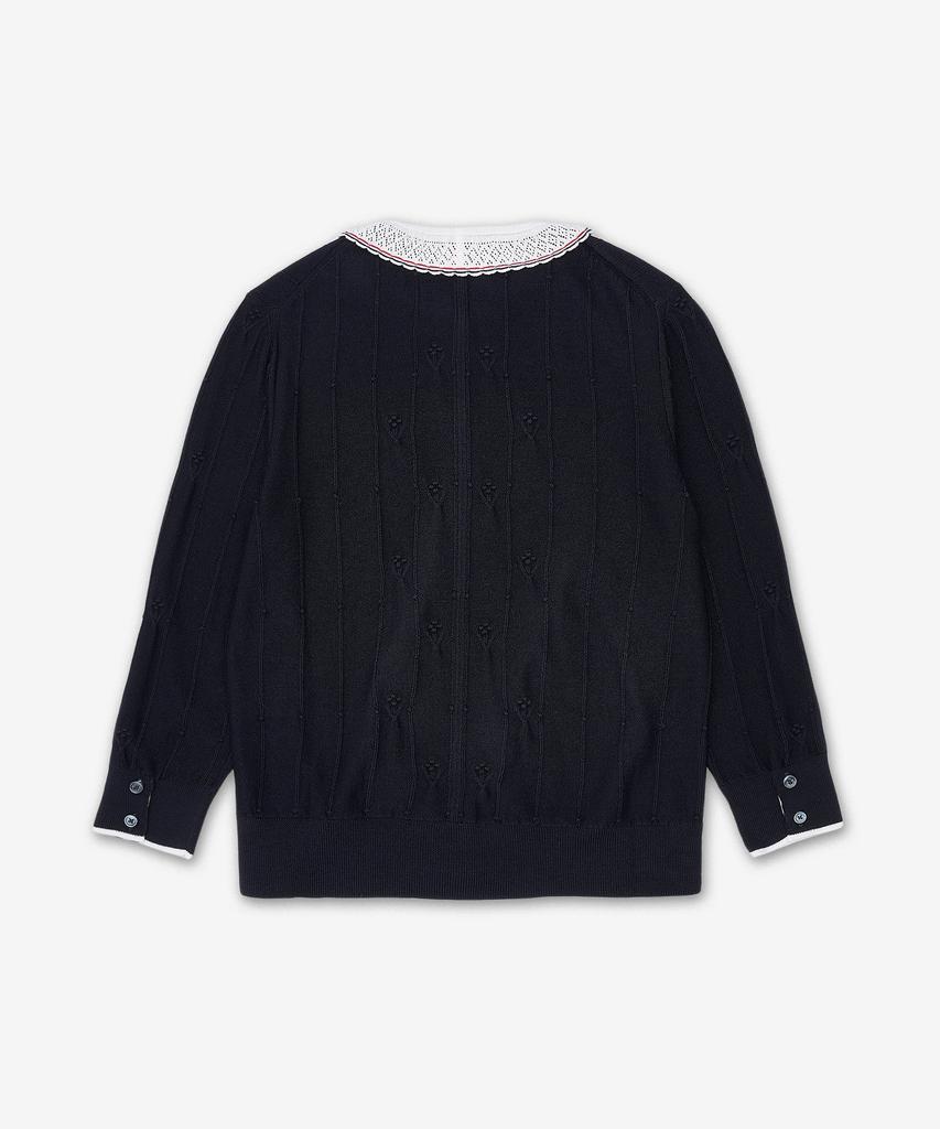 Thom Browne Merino Wool Bobble Stitch Lace Trim Cardigan - Navy / Fkc697By1051415