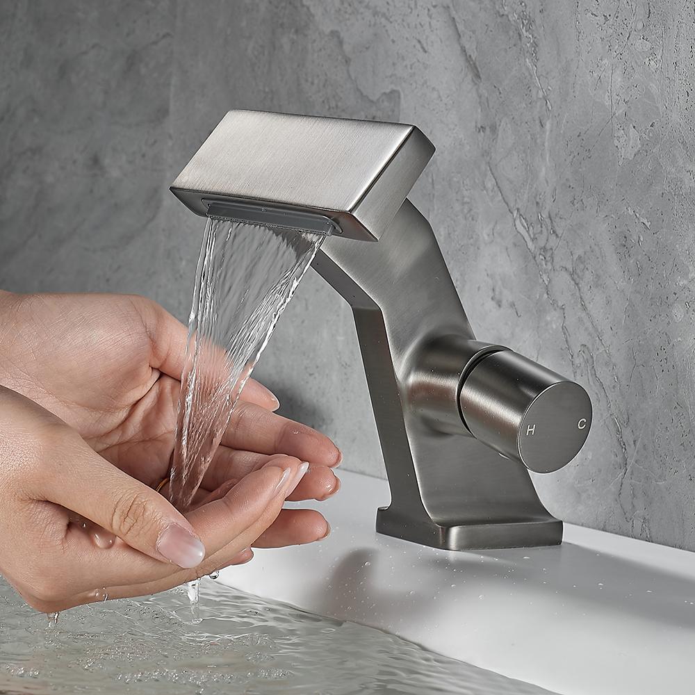 Смеситель для раковины серого цвета, латунный смеситель для раковины с водопадом, кран для горячей и холодной воды с одной ручкой, хромированный черный смеситель