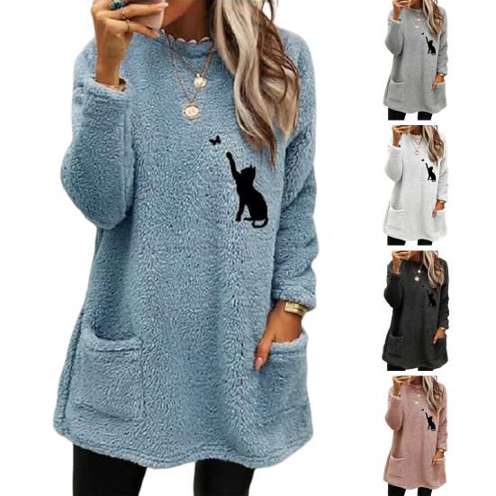 O-Neck Long Sleeves Pockets Mid-Length Winter Sweatshirt Women Loose Fit Embroidery Cat Pattern Fleece Pullover Top