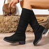 Fashion Pleated Boots Women Faux Suede Flock Knee High Boots 2024 Winter Women Fashion Slip On Square Low Heel Knight Booties Mujer