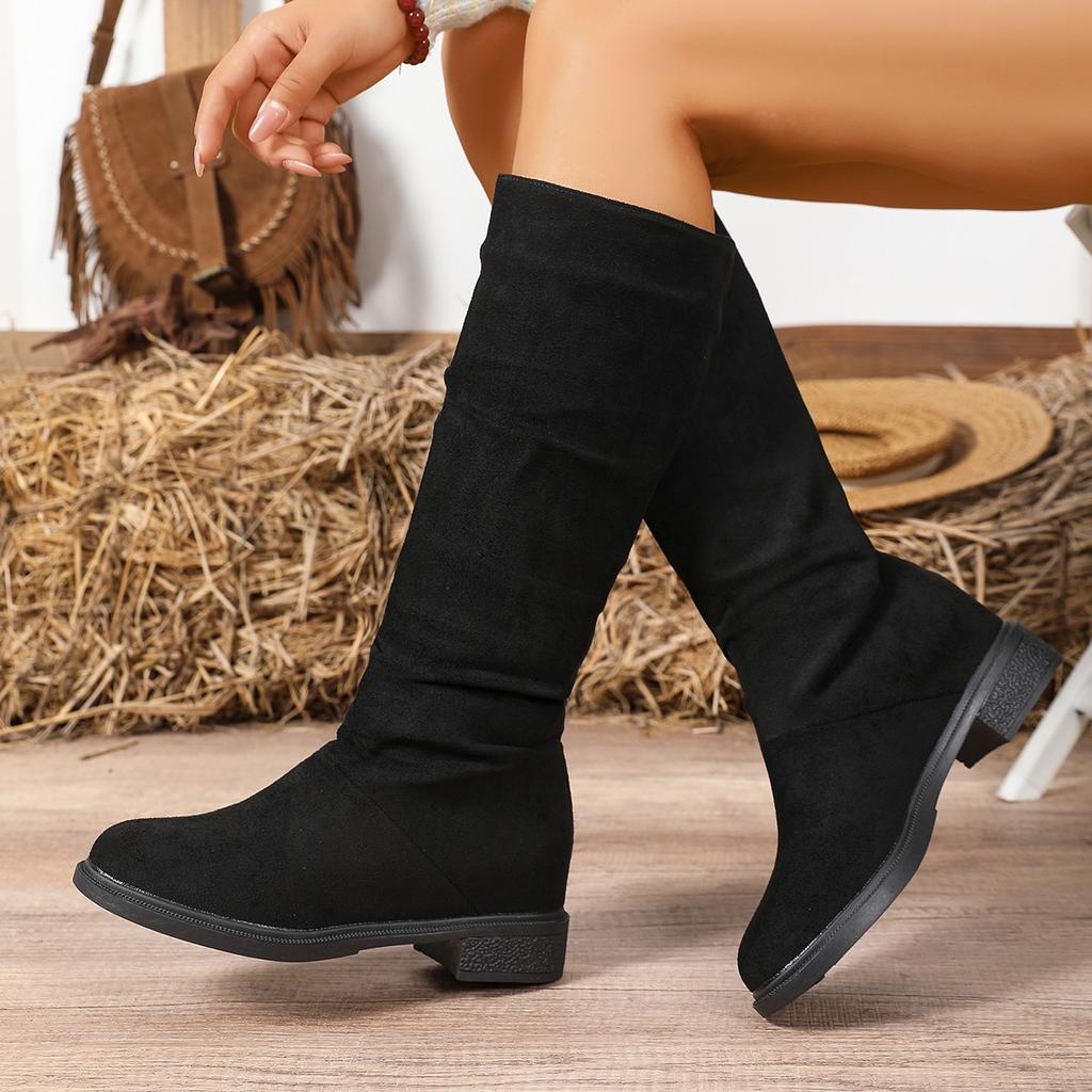 Fashion Pleated Boots Women Faux Suede Flock Knee High Boots 2024 Winter Women Fashion Slip On Square Low Heel Knight Booties Mujer