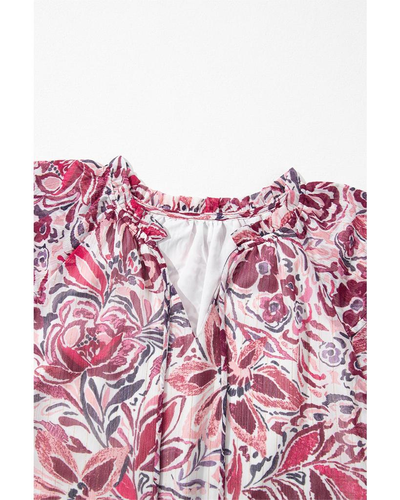 Azura Exchange White Floral Ruffled Short Sleeve V Neck Blouse